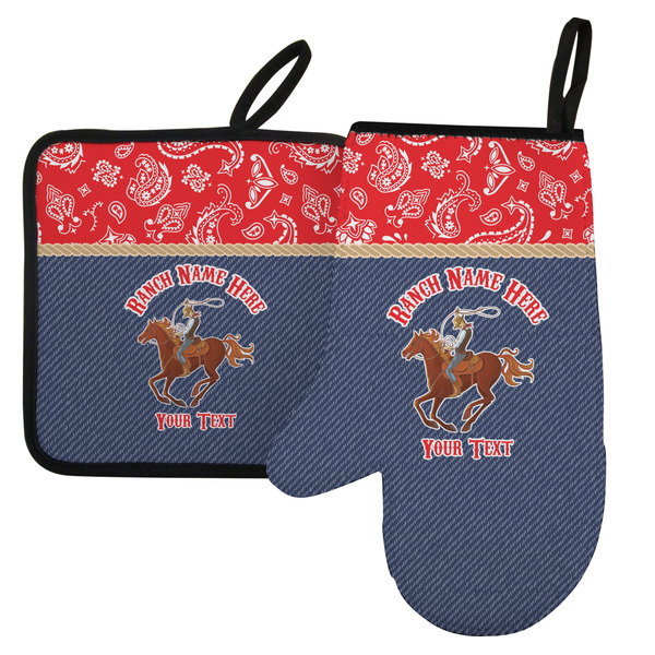 Custom Western Ranch Left Oven Mitt & Pot Holder Set w/ Name or Text