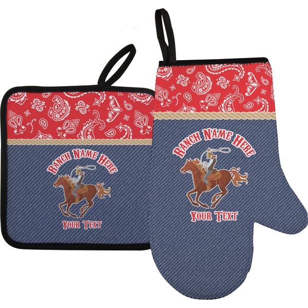 Custom Western Ranch Right Oven Mitt & Pot Holder Set w/ Name or Text
