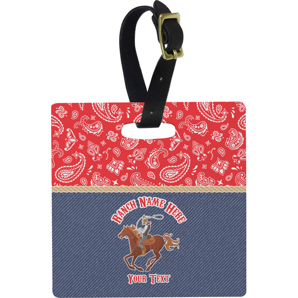 Custom Western Ranch Plastic Luggage Tag - Square w/ Name or Text
