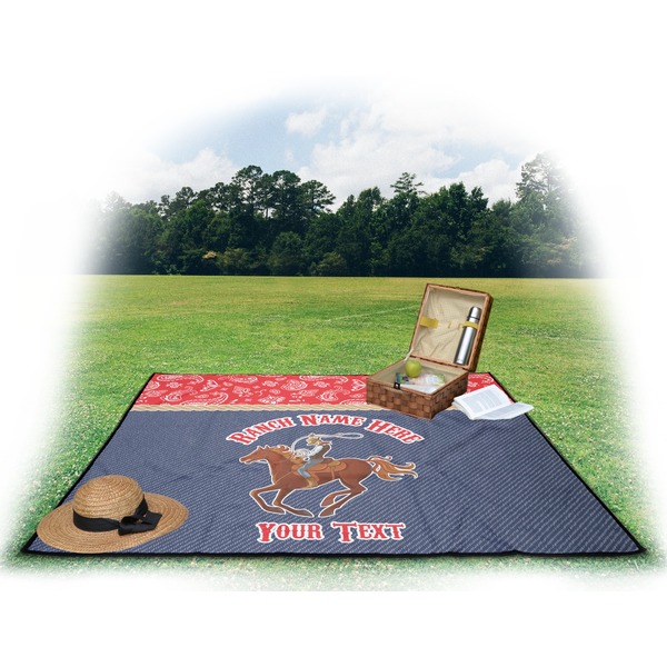 Western Ranch Picnic Blanket - with Basket Hat and Book - in Use