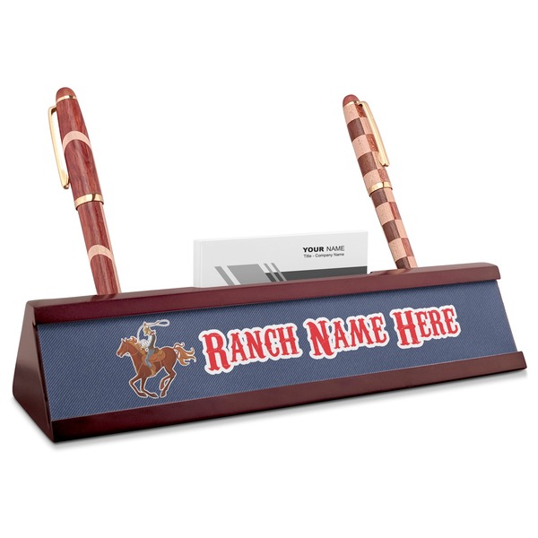 Custom Western Ranch Red Mahogany Nameplate with Business Card Holder (Personalized)