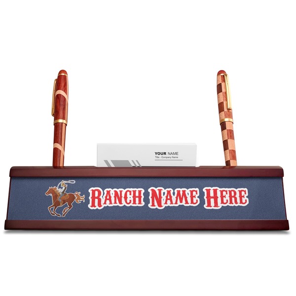 Western Ranch Red Mahogany Nameplates with Business Card Holder - Straight