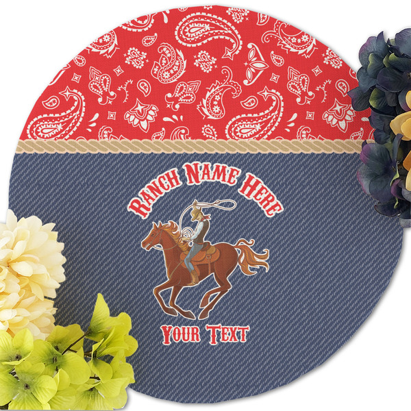 Western Ranch Round Linen Placemats - Front (w flowers)