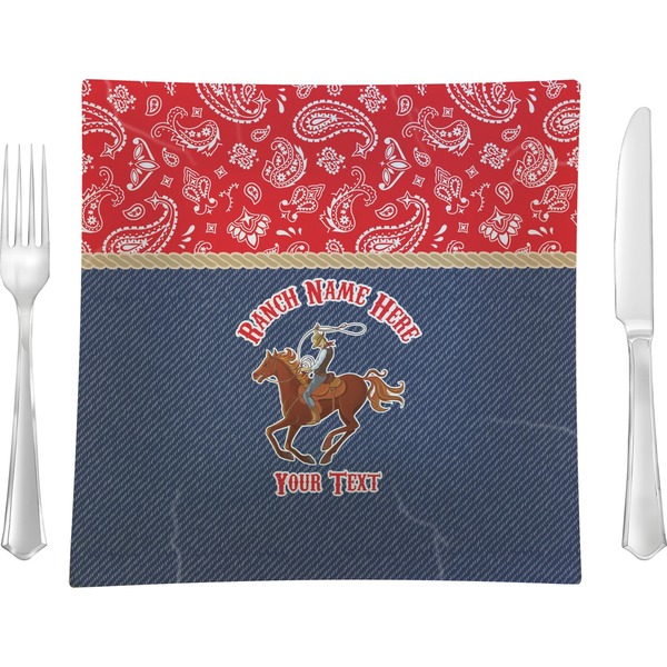 Custom Western Ranch 9.5" Glass Square Lunch / Dinner Plate- Single or Set of 4 (Personalized)