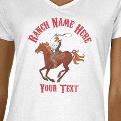 Western Ranch Women's V-Neck T-Shirt - White - Medium (Personalized)