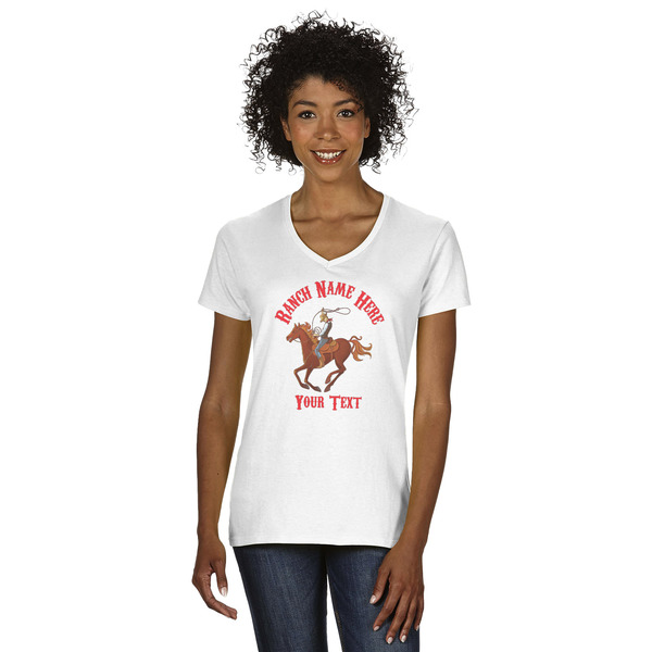 Custom Western Ranch Women's V-Neck T-Shirt - White - Small (Personalized)