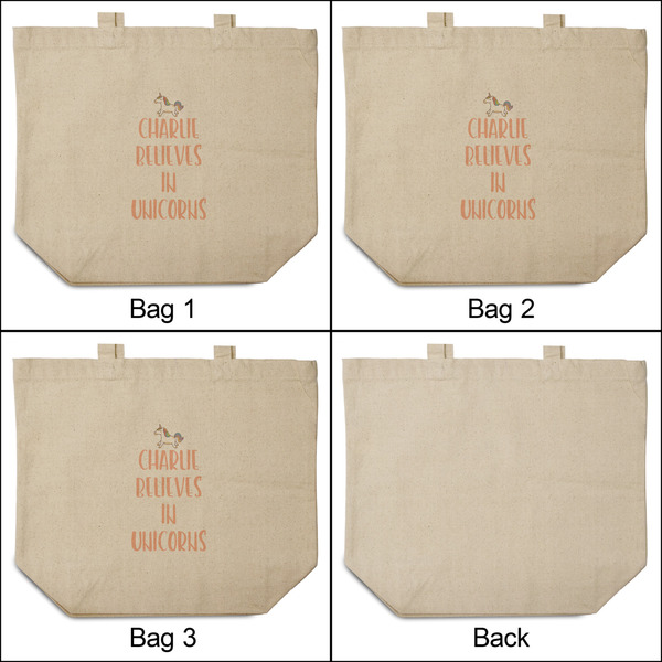 Unicorns 3 Reusable Cotton Grocery Bags - Front & Back View