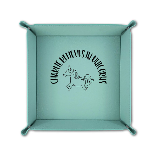 Unicorns 6" x 6" Teal Leatherette Snap Up Tray - FOLDED UP