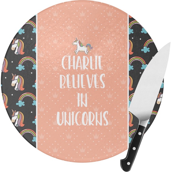 Custom Unicorns Round Glass Cutting Board - Small (Personalized)
