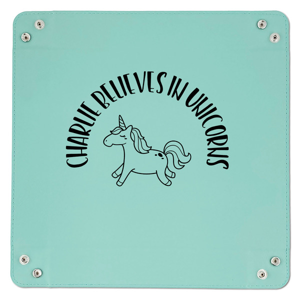 Unicorns 9" x 9" Teal Leatherette Snap Up Tray - APPROVAL