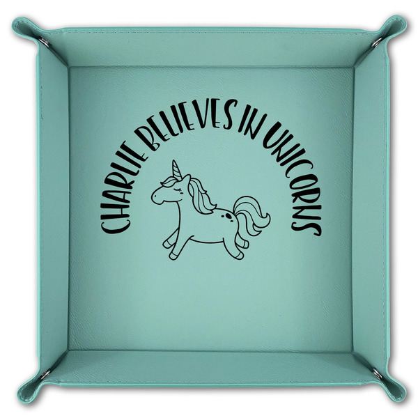 Unicorns 9" x 9" Teal Leatherette Snap Up Tray - FOLDED