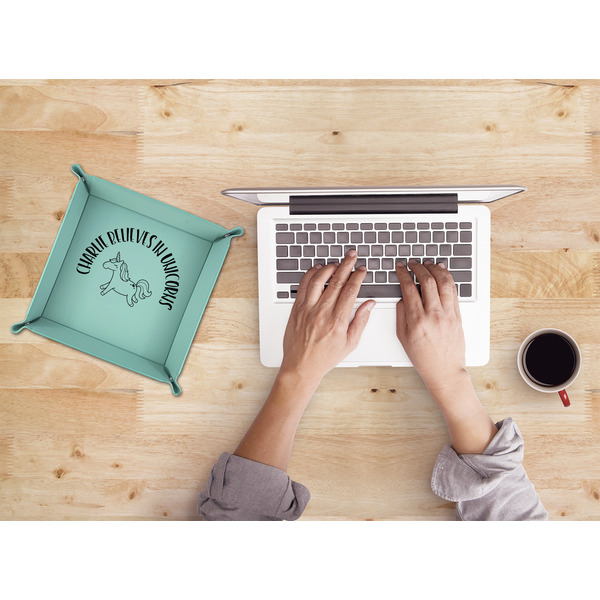 Unicorns 9" x 9" Teal Leatherette Snap Up Tray - LIFESTYLE