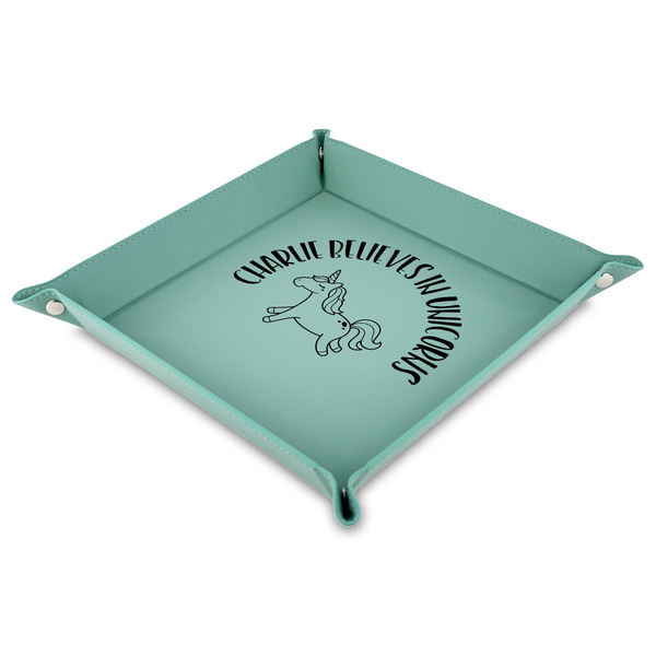 Custom Unicorns 9" x 9" Teal Faux Leather Valet Tray (Personalized)