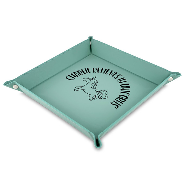 Custom Unicorns Faux Leather Dice Tray - 9" x 9"  - Teal (Personalized)