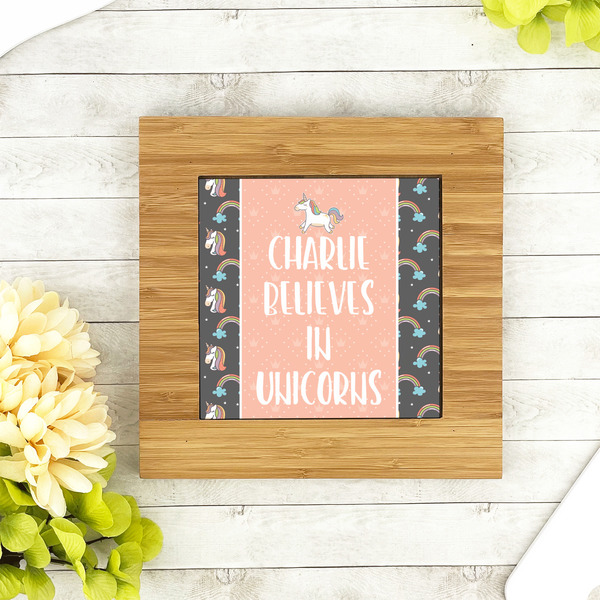 Unicorns Bamboo Trivet with 6" Tile - LIFESTYLE