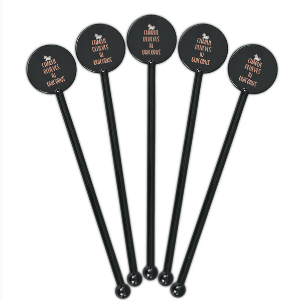 Unicorns Black Plastic 5.5" Stir Stick - Round - Fan View