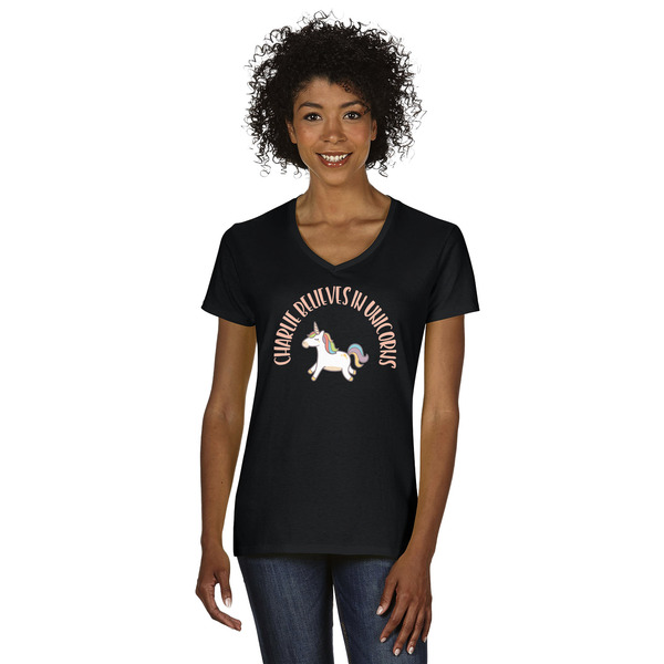 Custom Unicorns Women's V-Neck T-Shirt - Black (Personalized)