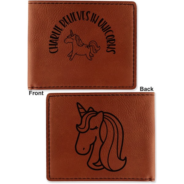 Unicorns Cognac Leatherette Bifold Wallets - Front and Back