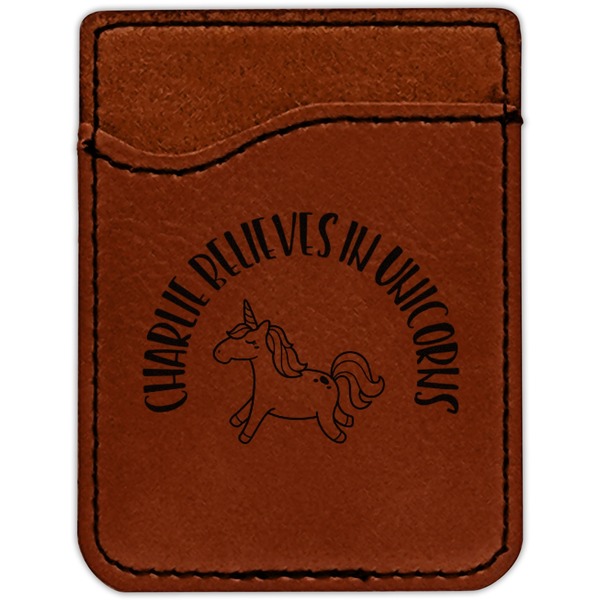 Unicorns Cognac Leatherette Phone Wallet close up