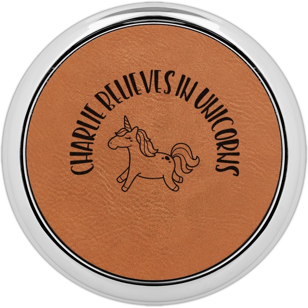 Custom Unicorns Leatherette Round Coaster w/ Silver Edge (Personalized)