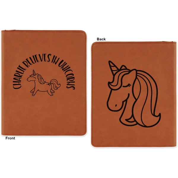 Unicorns Cognac Leatherette Zipper Portfolios with Notepad - Double Sided - Apvl