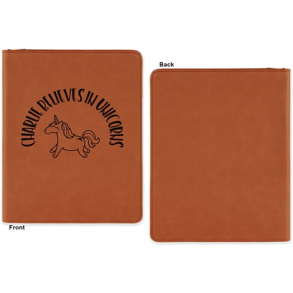 Unicorns Cognac Leatherette Zipper Portfolios with Notepad - Single Sided - Apvl