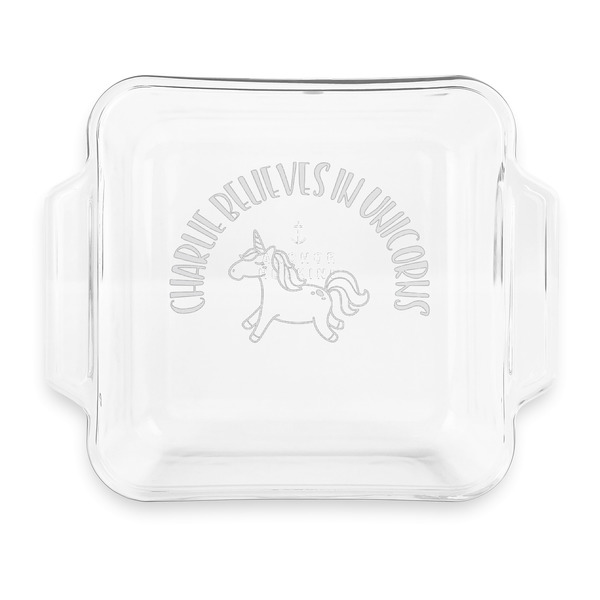 Custom Unicorns Glass Cake Dish with Truefit Lid - 8in x 8in (Personalized)