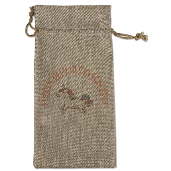 Custom Unicorns Large Burlap Gift Bag - Front (Personalized)