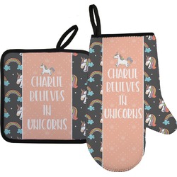 Unicorns Oven Mitt & Pot Holder Set w/ Name or Text