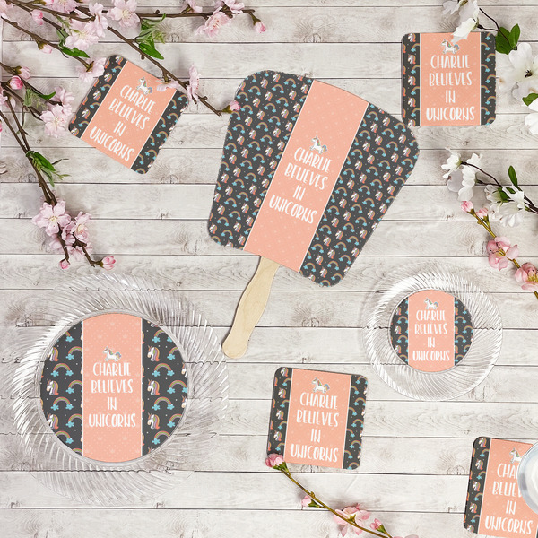 Unicorns Party Supplies Combination Image - All items - Plates, Coasters, Fans