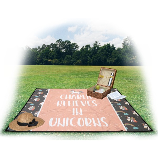 Unicorns Picnic Blanket - with Basket Hat and Book - in Use