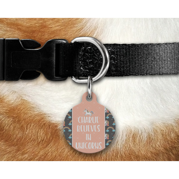 Unicorns Round Pet Tag on Collar & Dog
