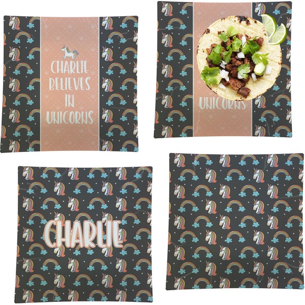 Custom Unicorns Set of 4 Glass Square Lunch / Dinner Plate 9.5" (Personalized)