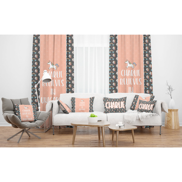 Unicorns Sheer and Custom Curtains in Room with Matching Pillows