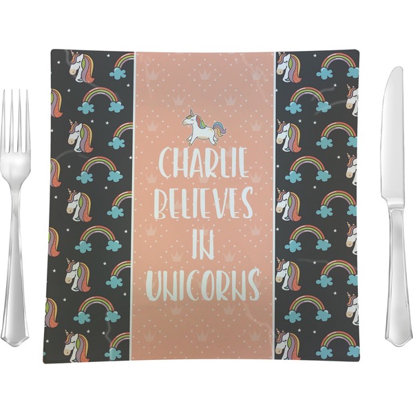 Custom Unicorns 9.5" Glass Square Lunch / Dinner Plate- Single or Set of 4 (Personalized)