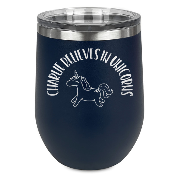 Custom Unicorns Stemless Stainless Steel Wine Tumbler - Navy - Double Sided (Personalized)