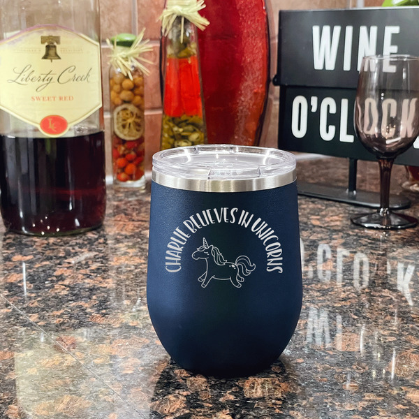Unicorns Stainless Wine Tumblers - Navy - Double Sided - In Context