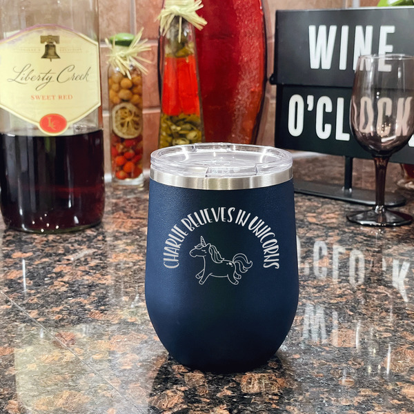 Unicorns Stainless Wine Tumblers - Navy - Single Sided - In Context
