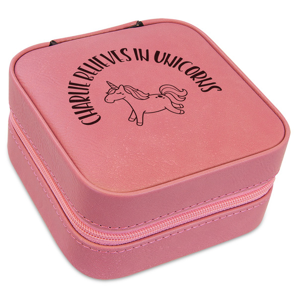 Custom Unicorns Travel Jewelry Boxes - Pink Leather (Personalized)