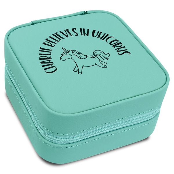 Custom Unicorns Travel Jewelry Box - Teal Leather (Personalized)
