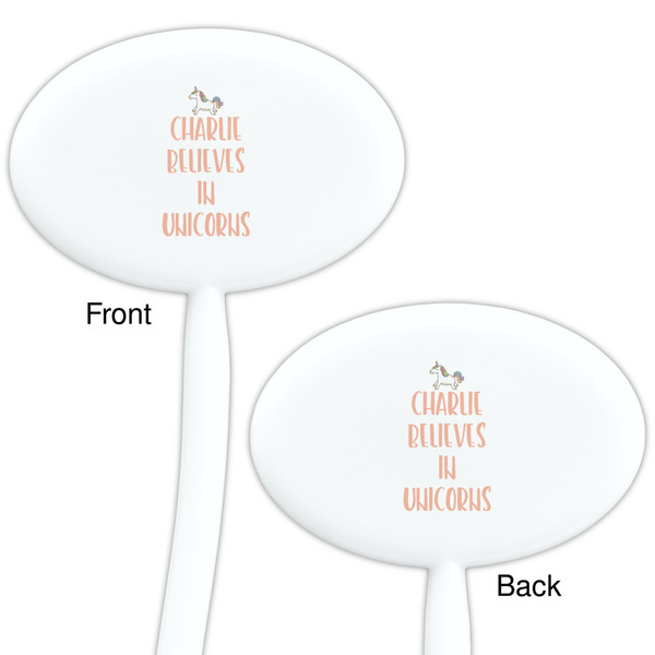 Unicorns White Plastic 7" Stir Stick - Double Sided - Oval - Front & Back