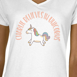 Unicorns V-Neck T-Shirt - White - Large (Personalized)