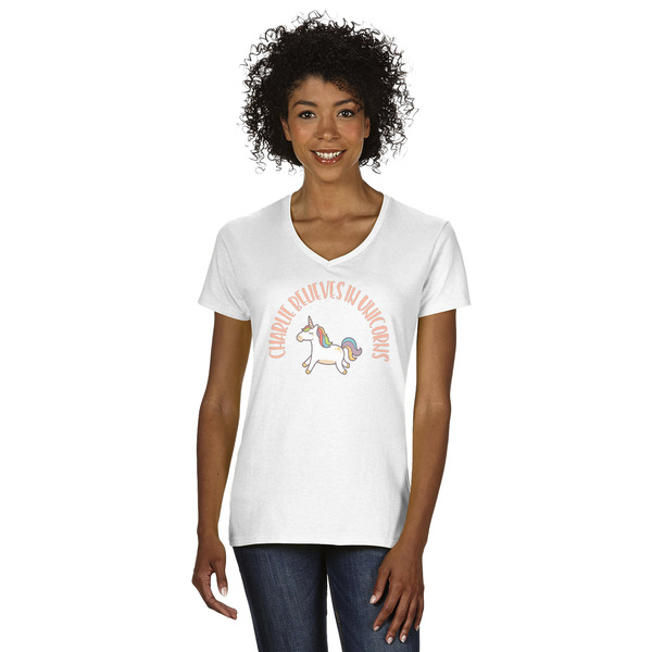 Custom Unicorns Women's V-Neck T-Shirt - White - Small (Personalized)