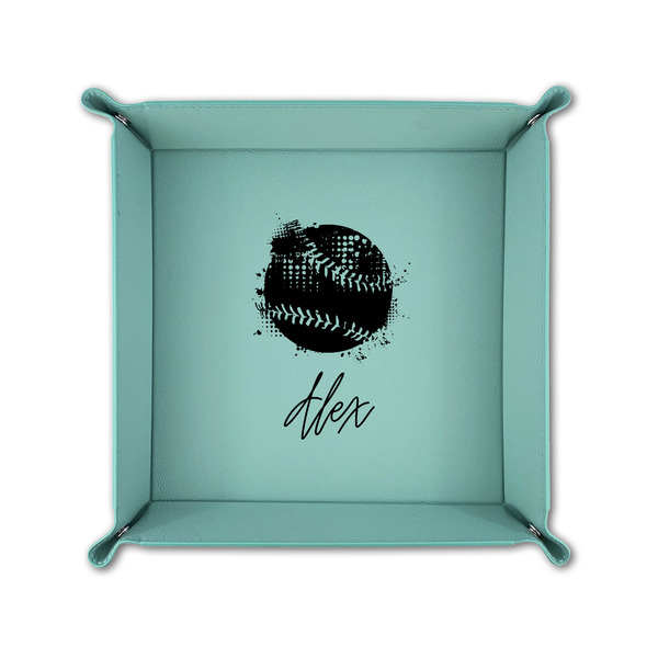 Softball 6" x 6" Teal Leatherette Snap Up Tray - FOLDED UP