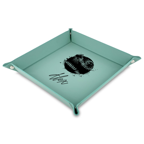 Custom Softball Faux Leather Dice Tray - 9" x 9"  - Teal (Personalized)