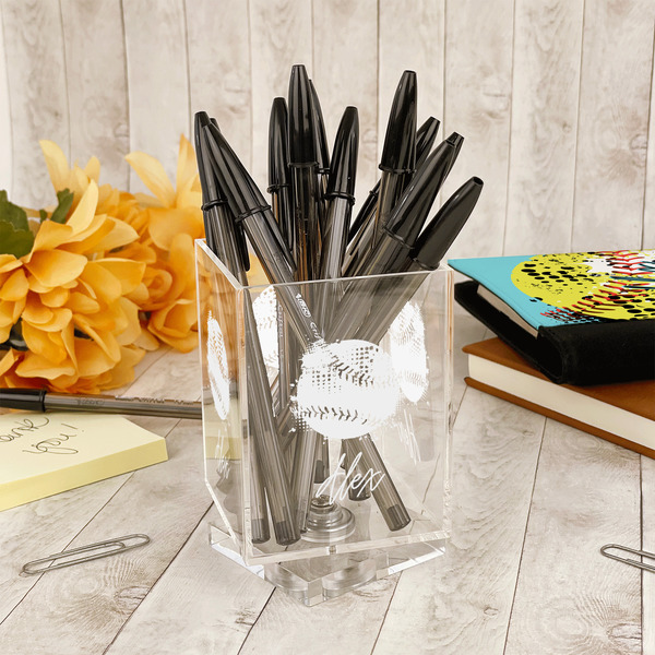 Softball Acrylic Pencil Holder - IN CONTEXT