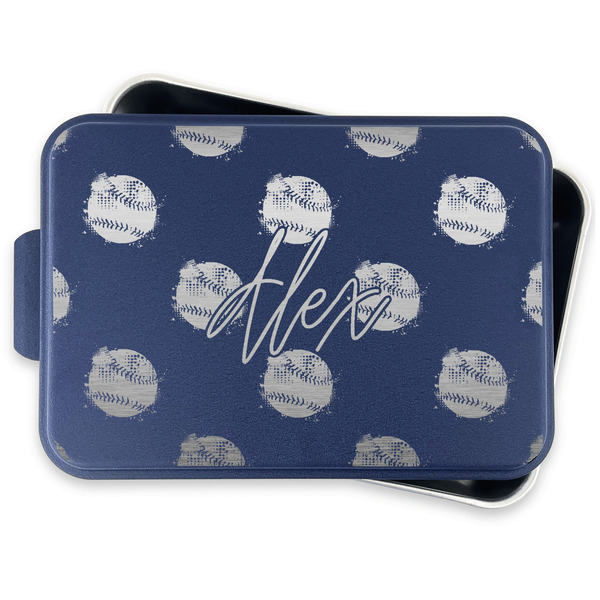 Softball Aluminum Baking Pan - Navy Lid - FRONT w/lid off
