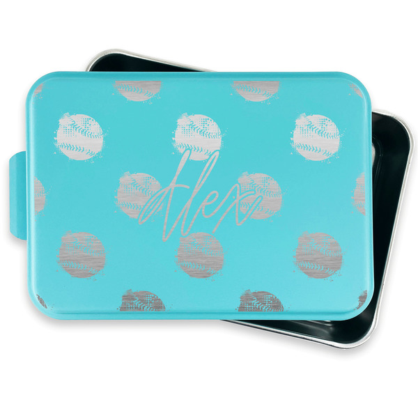 Softball Aluminum Baking Pan - Teal Lid - FRONT w/ lid off