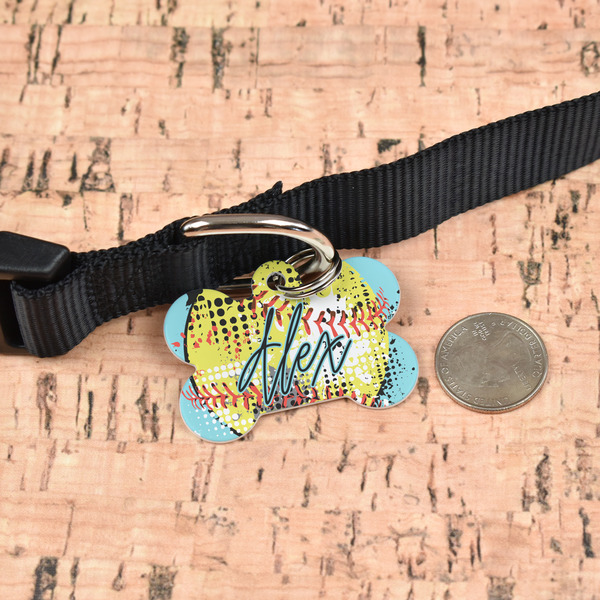 Softball Bone Shaped Dog ID Tag - Large - In Context