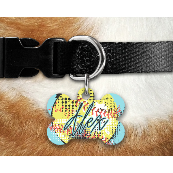 Softball Bone Shaped Dog Tag on Collar & Dog